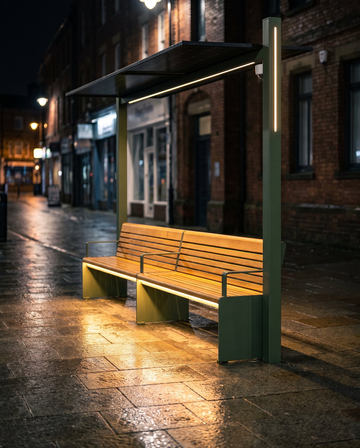 Warm light from under the bench seat pooling on wet paving at night