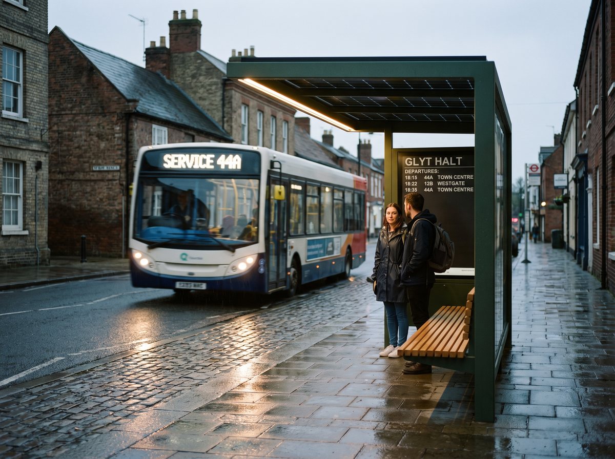 Glyt Halt solar bus shelter at dusk with an e-paper timetable and people waiting