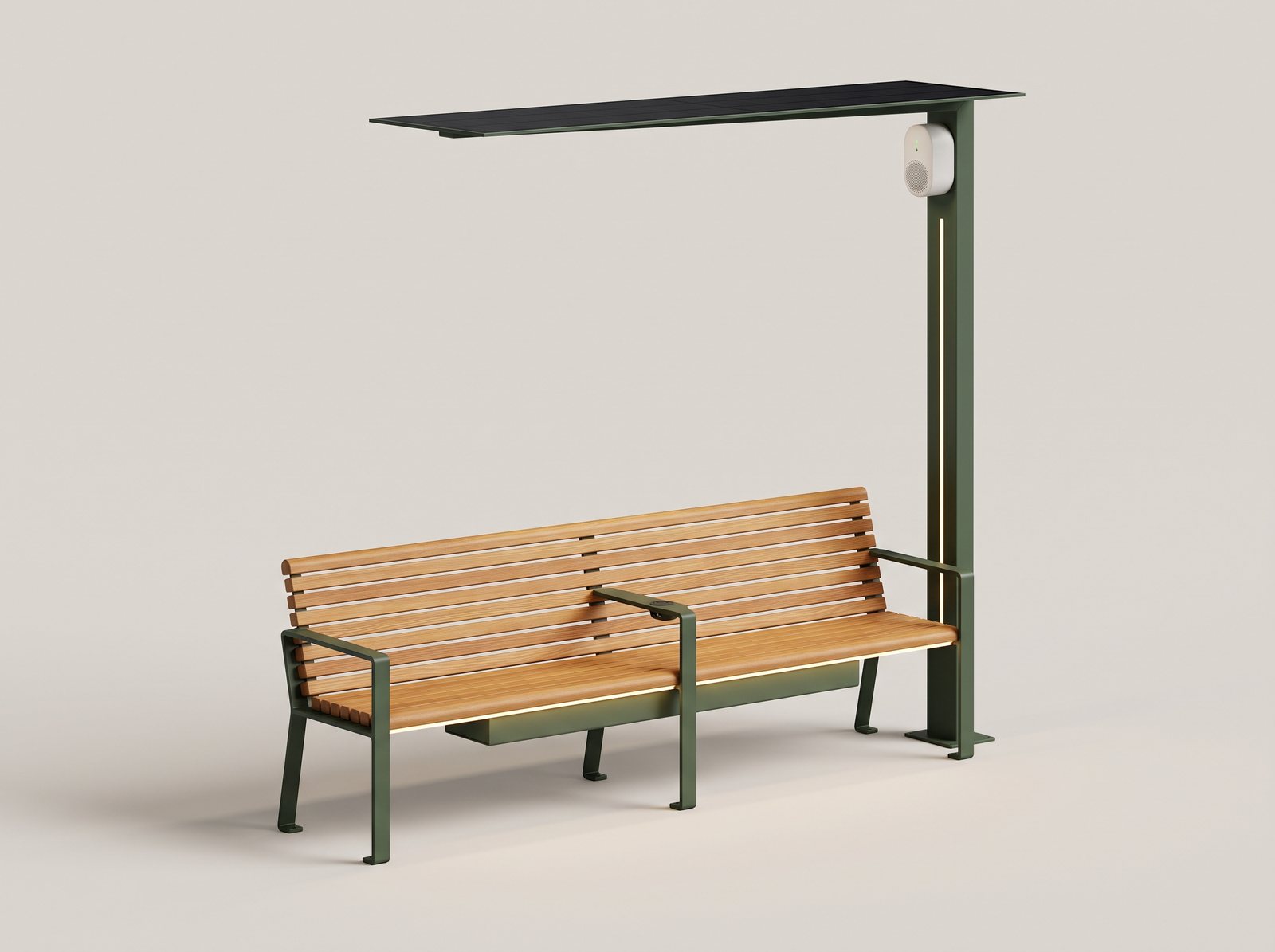 Glyt Kerb solar bench with ash timber slats, moss-green frame, sensor mast and solar canopy